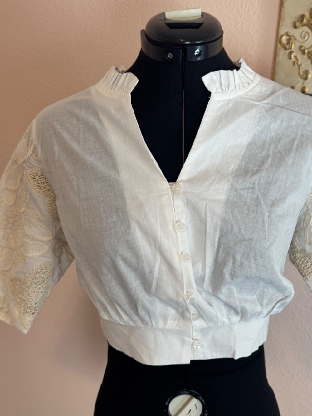 Summer Cottagecore Cropped Poplin Vintage Inspired Cotton Crochet Top White Sm